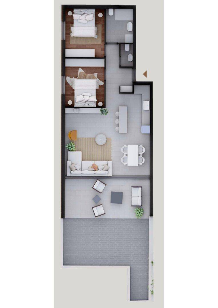 Grundriss einer Wohnung mit zwei Schlafzimmern, offenem Wohnbereich und Terrasse.