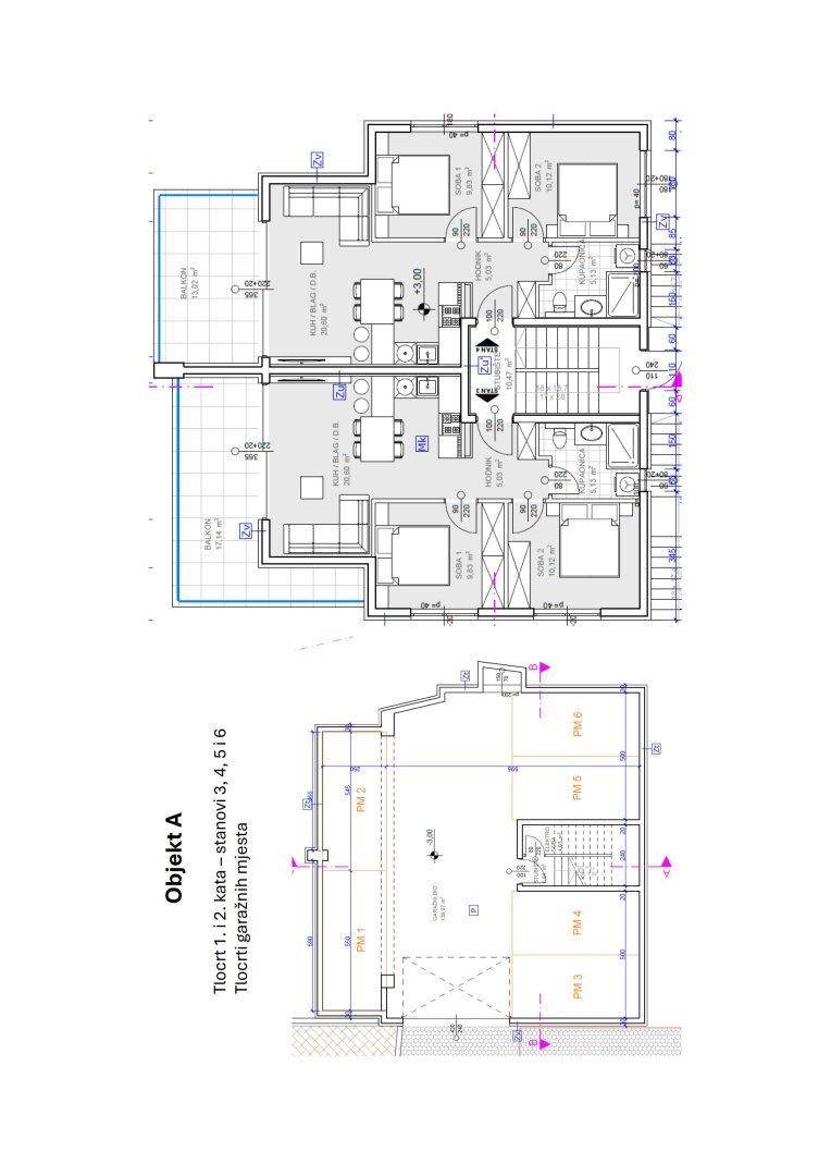 Grundrissplan des Objekts A mit Wohnungen im 1. und 2. Stock sowie Garagenstellplätzen.