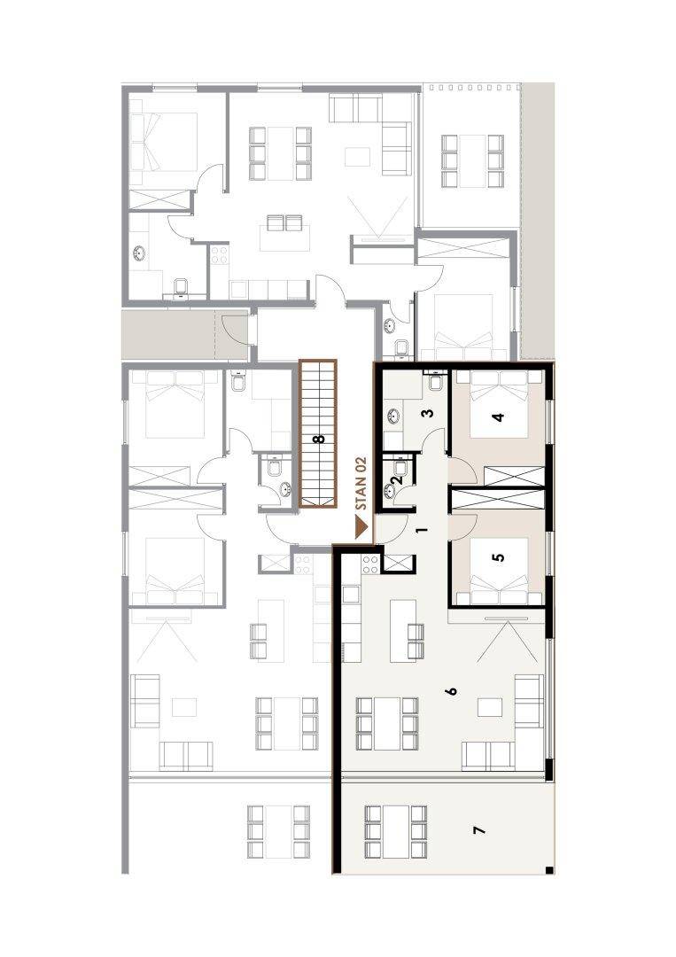 Grundriss einer Wohnung mit mehreren Schlafzimmern, Bädern und offenem Wohnbereich.