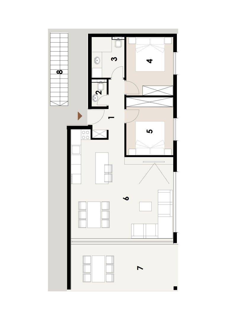 Detaillierter Grundriss einer Wohnung mit zwei Schlafzimmern, Bad und offenem Wohnbereich.