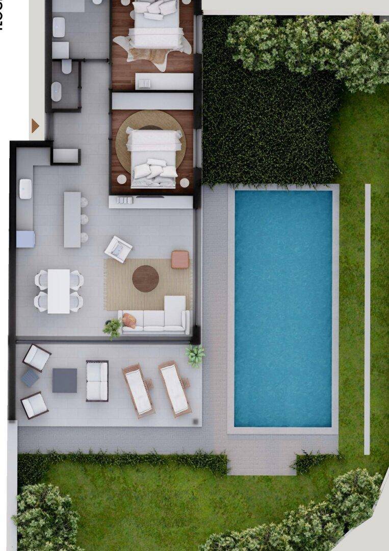 Visualisierter Grundriss einer Erdgeschosswohnung mit Garten, Terrasse und privatem Pool.