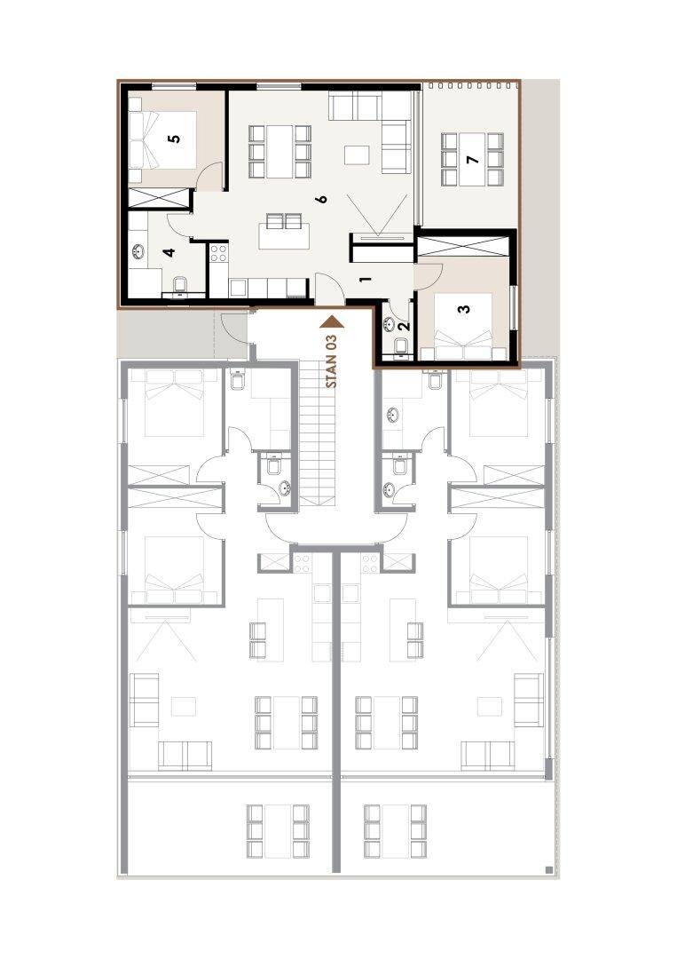 Grundriss einer Etage mit mehreren Wohneinheiten und Treppenhaus.