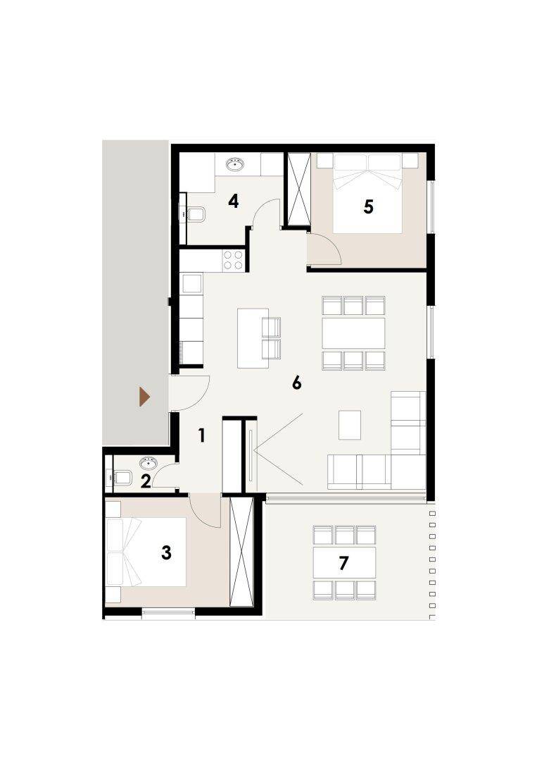 Grundriss einer Wohnung mit zwei Schlafzimmern, offenem Wohnbereich und Terrasse.