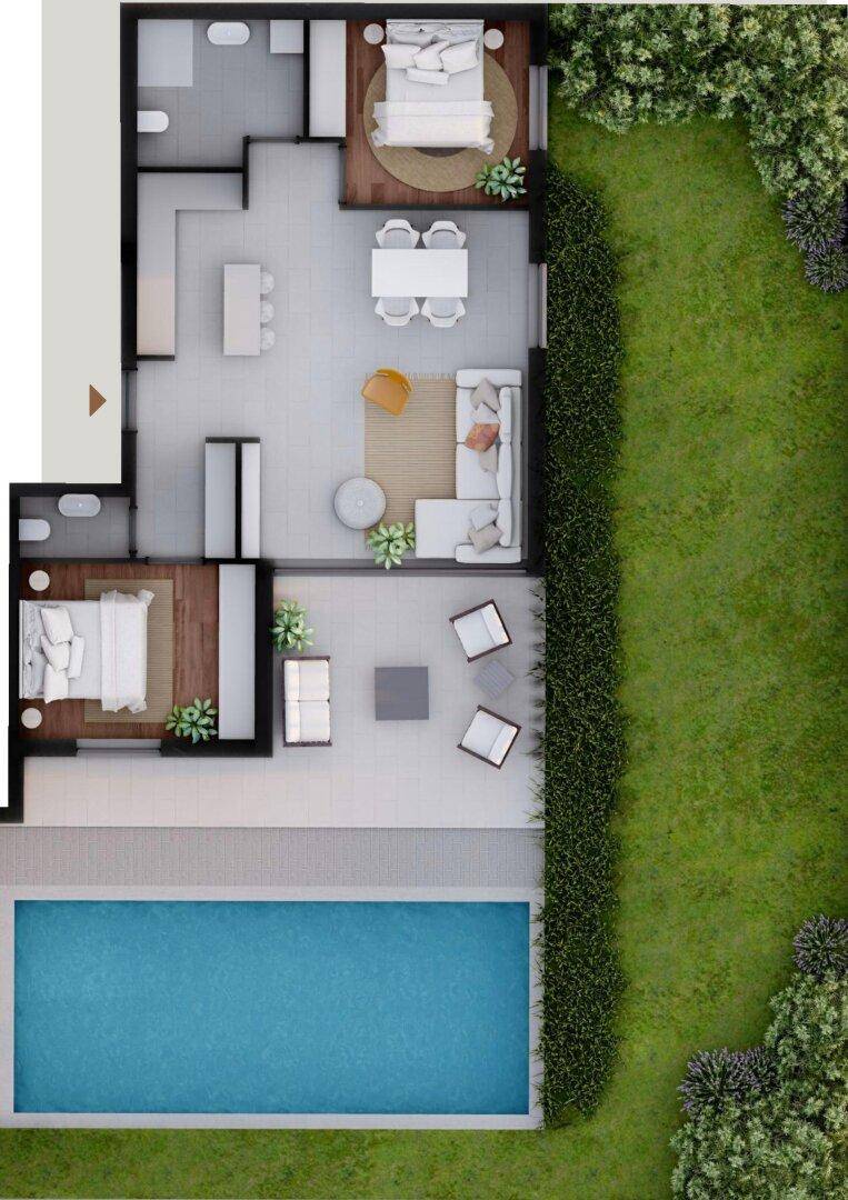 Detaillierter Grundriss einer Wohnung mit Garten, Pool und offenem Wohnbereich.