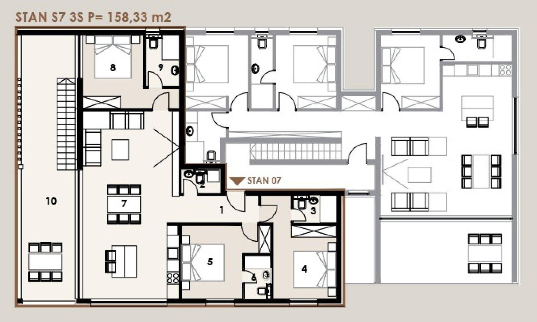 Grundriss einer Wohnung mit mehreren Schlafzimmern und offenem Wohnbereich.
