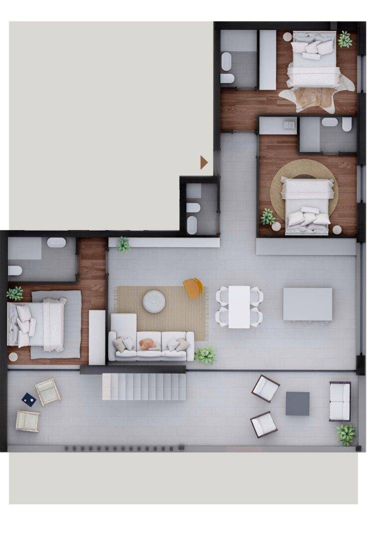 Farbiger Grundriss einer Wohnung mit möblierten Räumen und Holzböden.