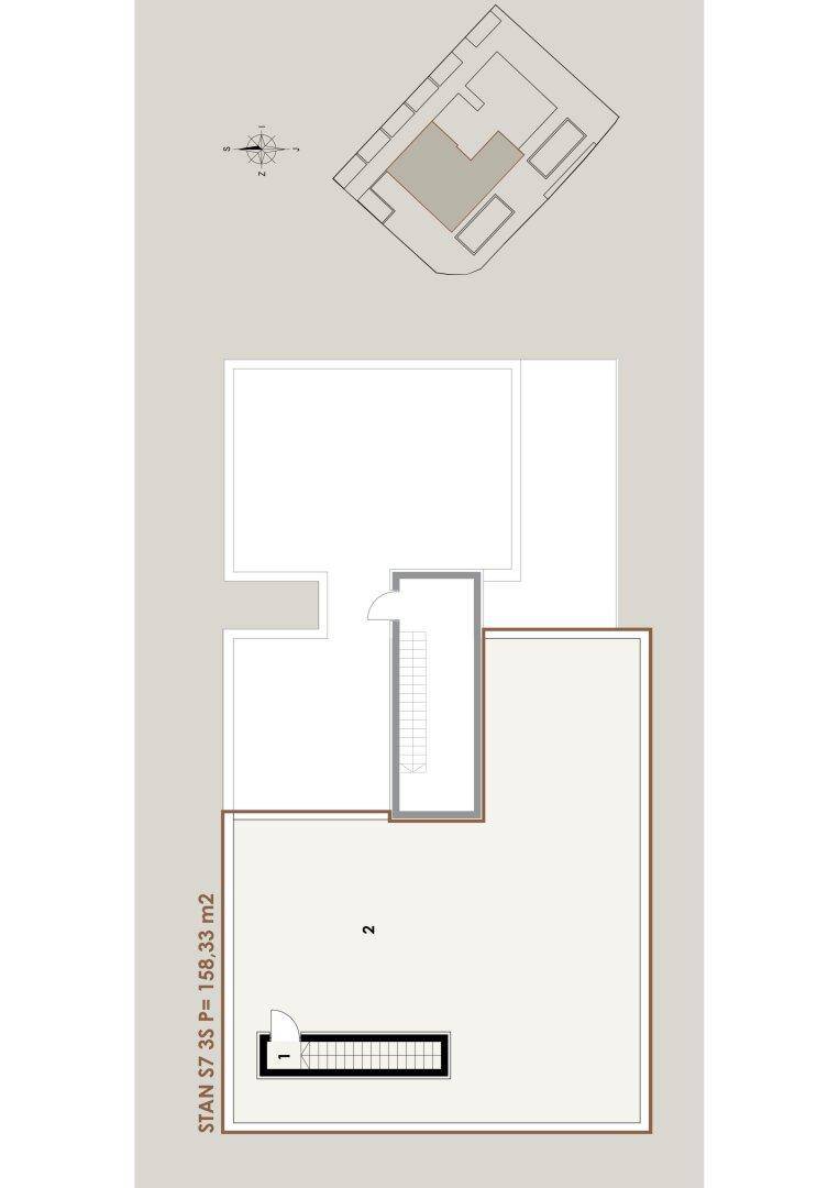 Übersichtsplan einer Wohnung mit Treppenhaus und angrenzenden Flächen.