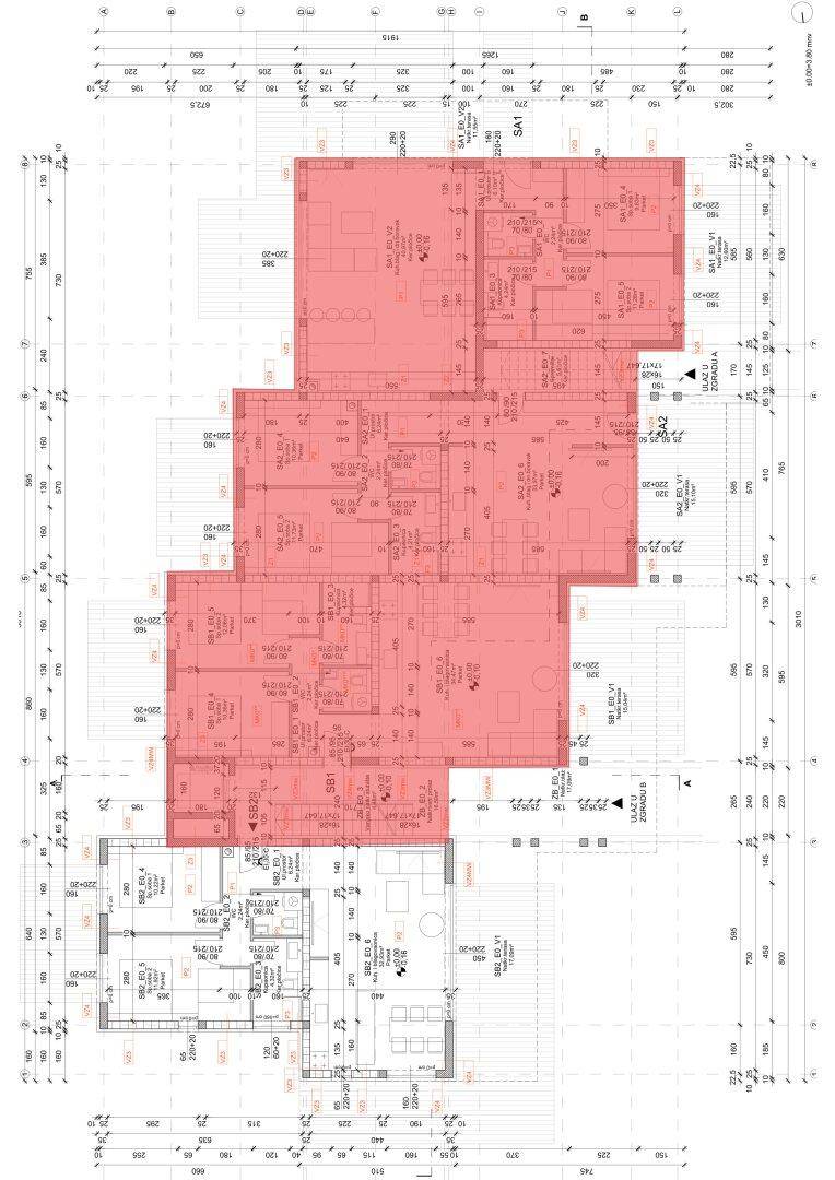 Detaillierter Grundrissplan mit mehreren Wohneinheiten und Maßangaben.