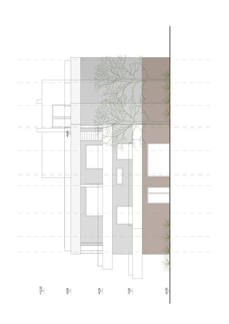 Seitenansicht des Gebäudes als architektonische Zeichnung mit verschiedenen Fenstergrößen.