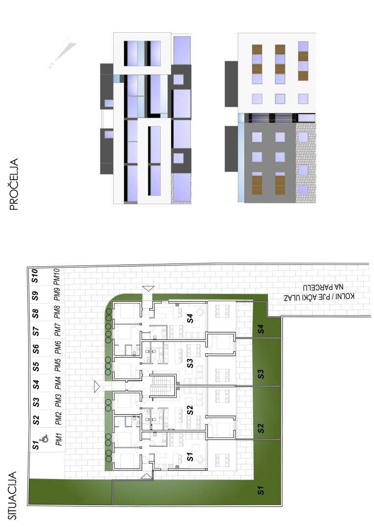 Architektonische Zeichnung mit Lageplan und Ansichten des Gebäudes, inklusive Parkplatzgestaltung.