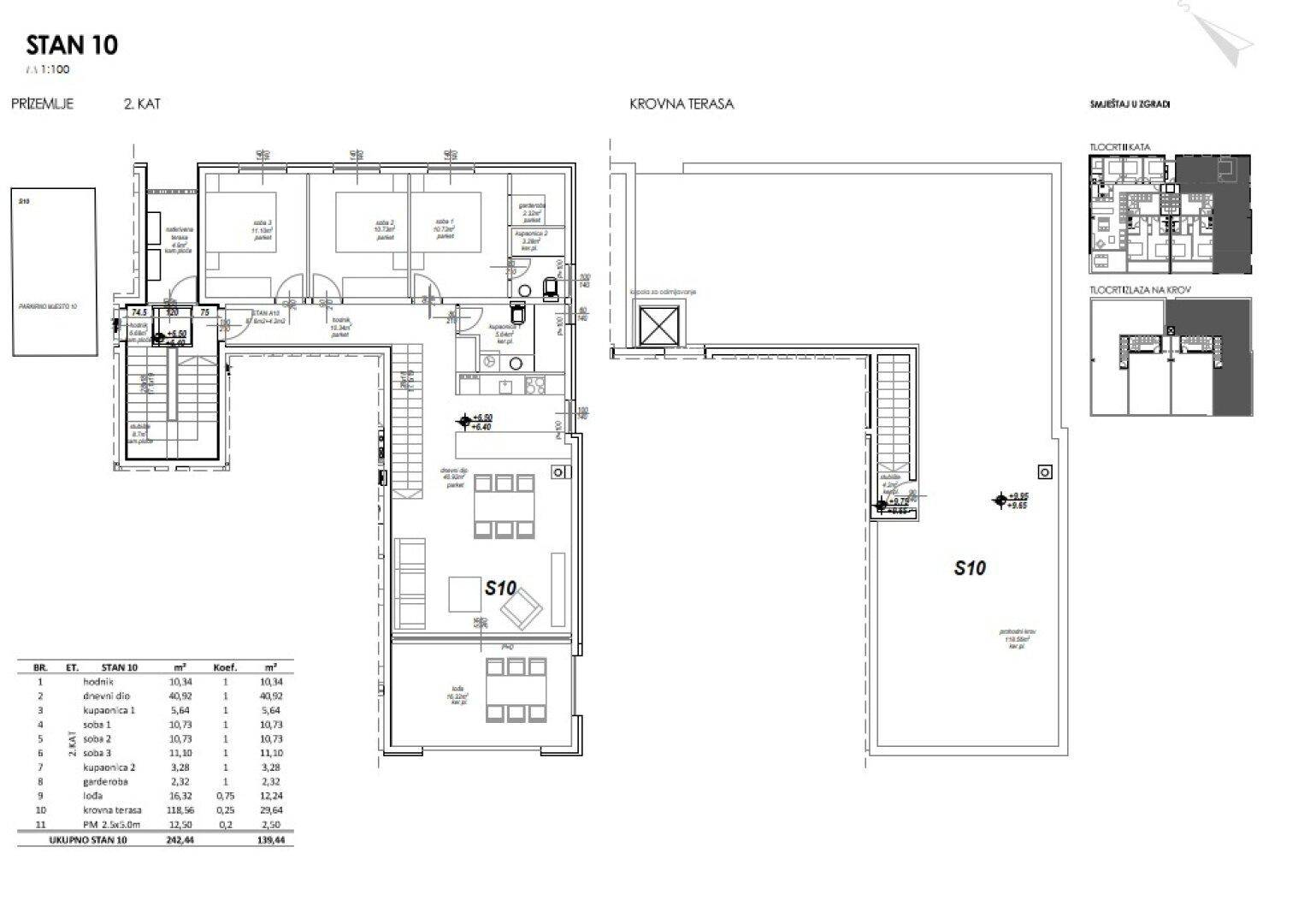 Grundrissplan für Wohnung S10 im 2. Stock mit Dachterrasse und Raumaufteilung.