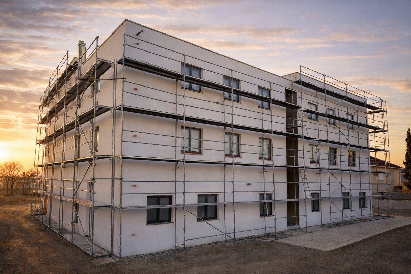Rückansicht eines im Bau befindlichen Apartmentgebäudes mit Gerüst im warmen Abendlicht.