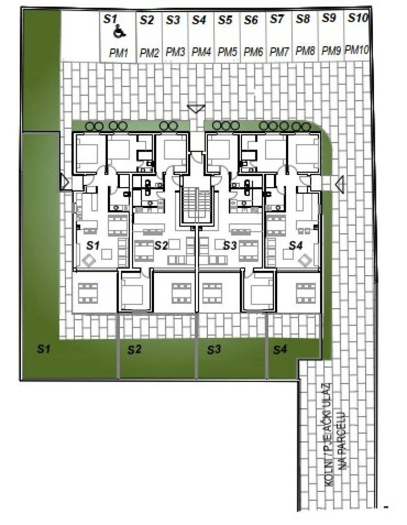Grundriss des Erdgeschosses mit mehreren Wohneinheiten und Außenbereichen.