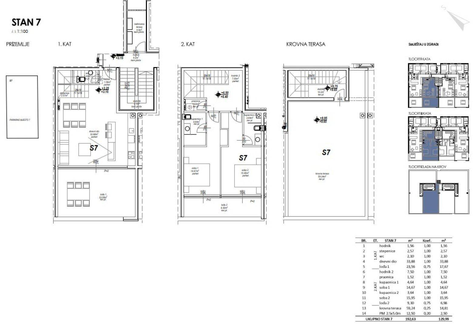 Detaillierter Grundriss für Wohnung S7 über drei Ebenen mit Dachterrasse.