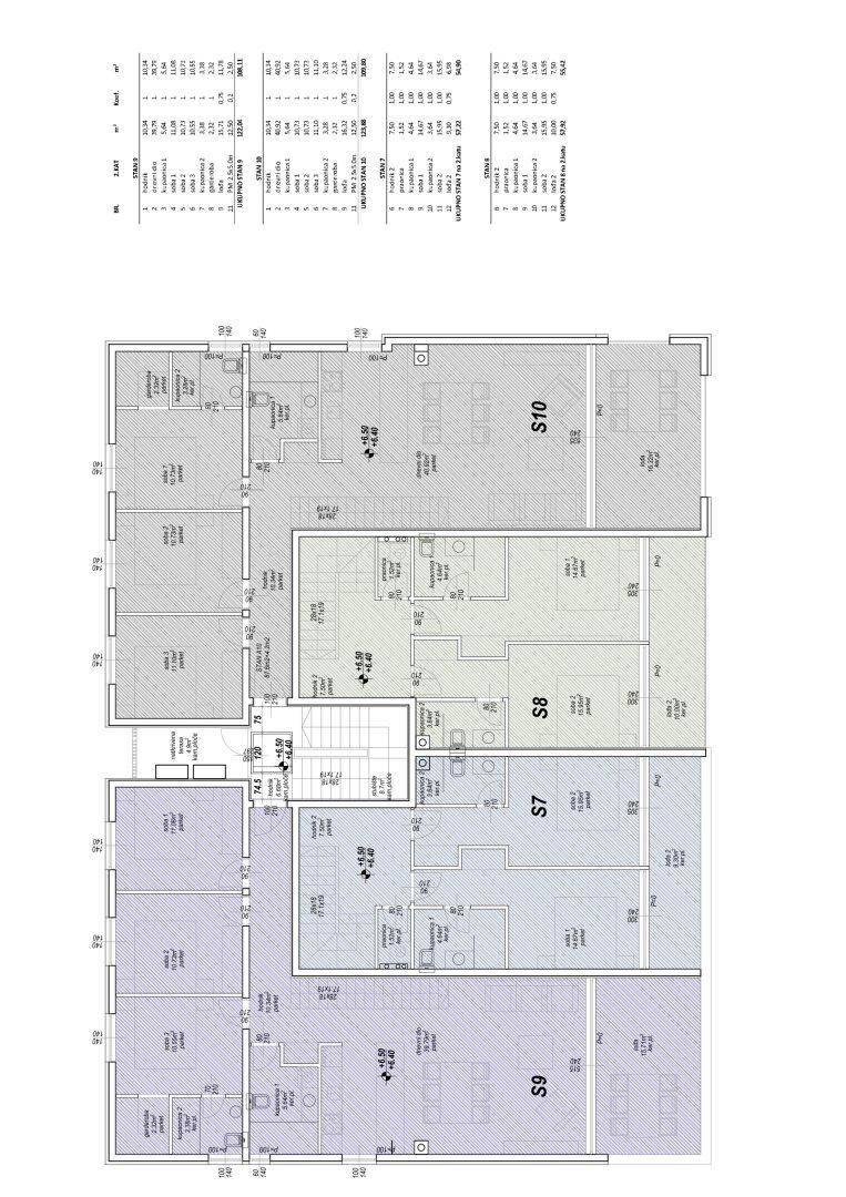 Grundrissplan einer Etage mit mehreren Wohneinheiten und Balkonzugängen.