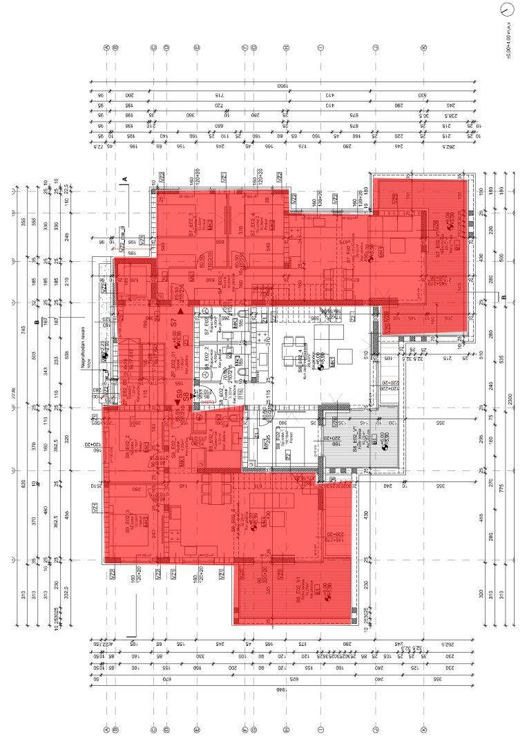 Detaillierter Grundriss einer Etage mit offener Raumaufteilung und Balkonen.
