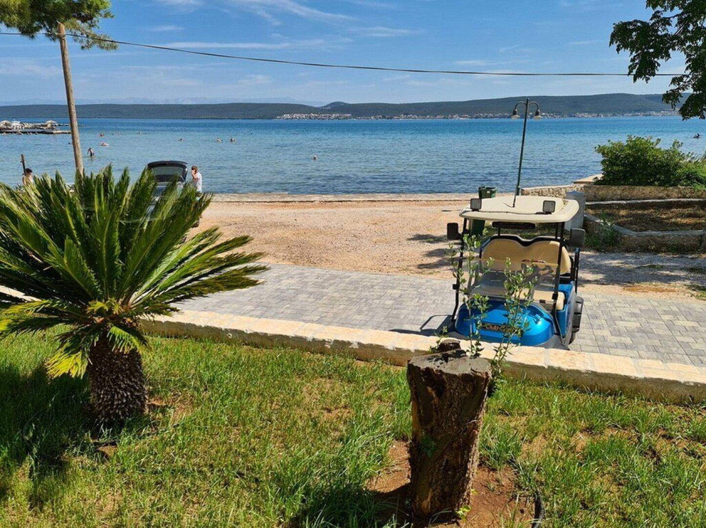 Gartenbereich mit Palmen und Rasen, der einen direkten Blick auf das Meer und einen Golfwagen bietet.