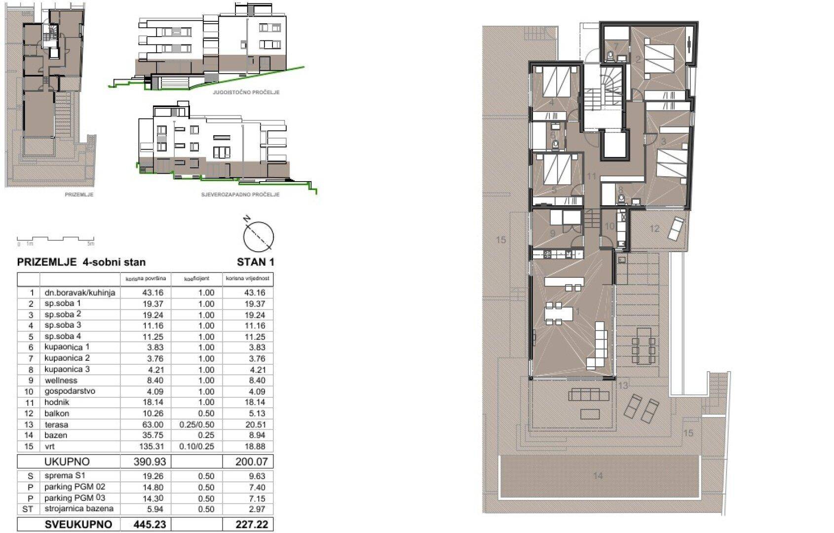 Detaillierter Grundriss mit mehreren Ebenen, Wohnbereichen, Balkonen und einem Pool.