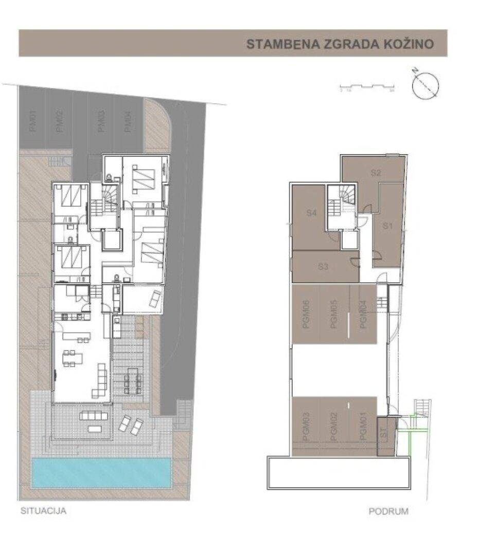 Situationsplan und Kellergeschoss-Grundriss der Wohnanlage mit Pool.