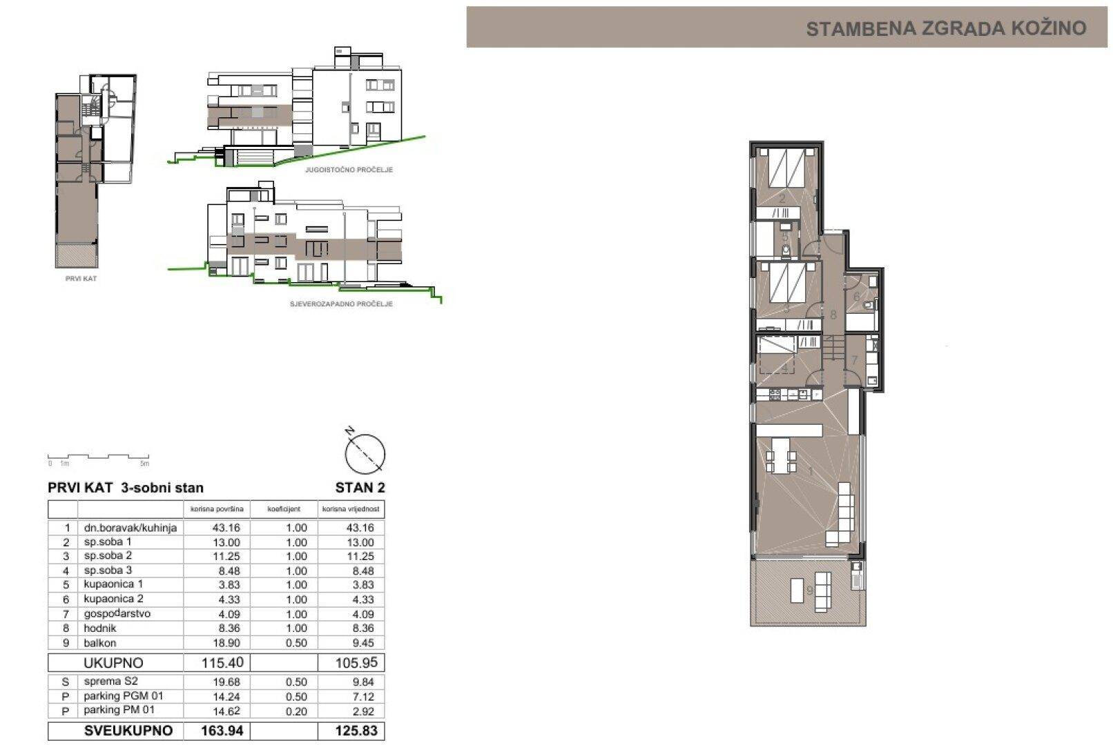 Grundriss des ersten Obergeschosses mit drei Schlafzimmern und Balkon.