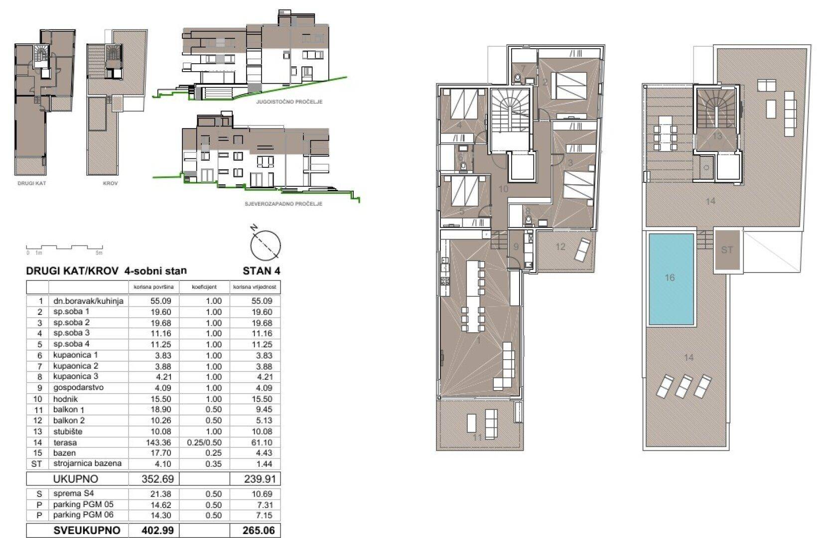Detaillierter Grundriss mit verschiedenen Ebenen, Pools und Flächenangaben des Anwesens.