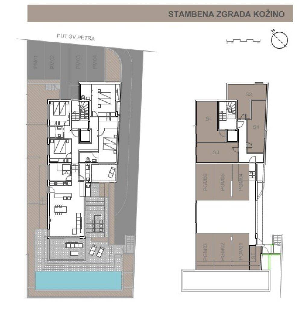 Grundriss des Gebäudes mit verschiedenen Etagen, Außenbereichen und Parkmöglichkeiten.