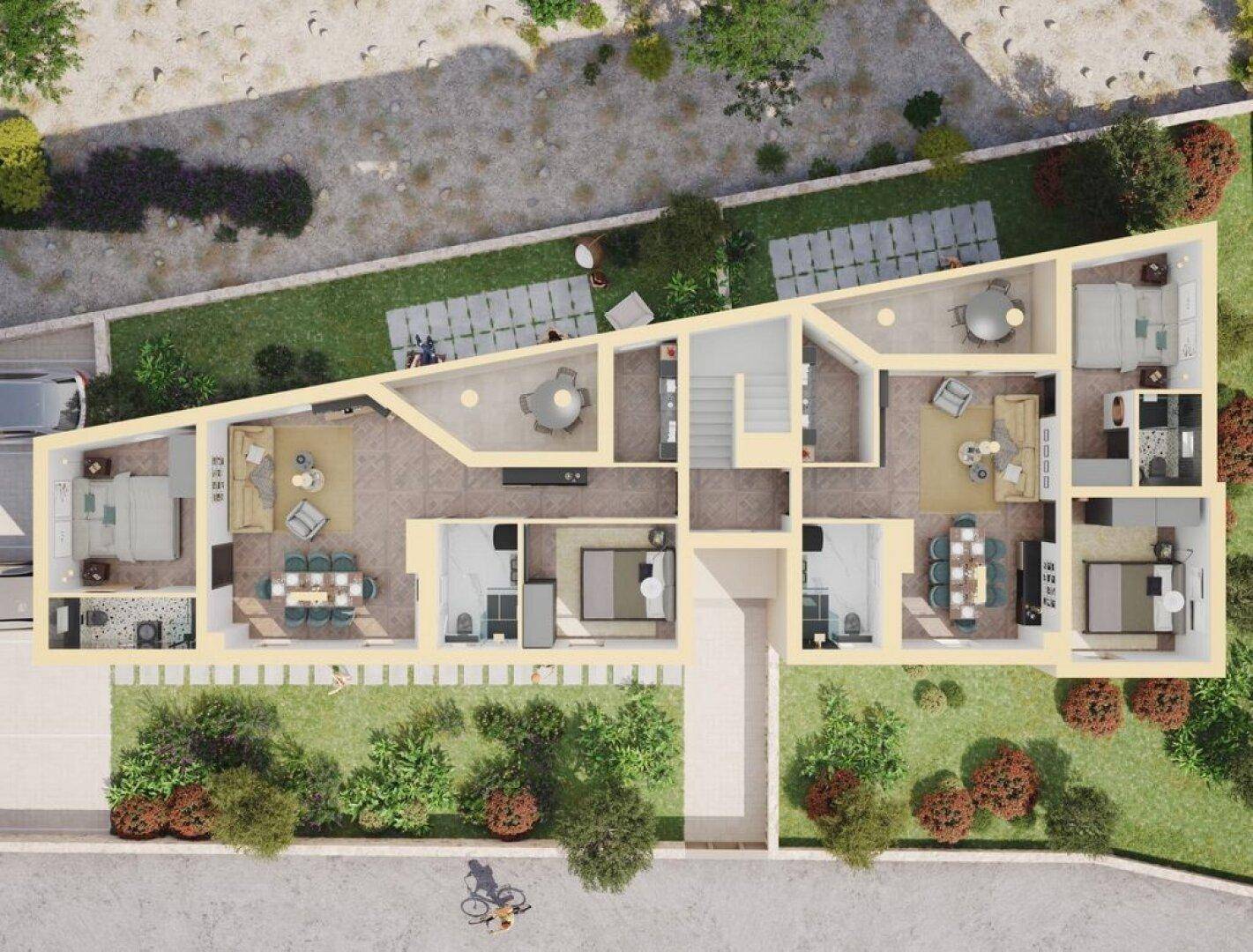 Detaillierter Grundrissplan mit mehreren Wohneinheiten, Gärten und Terrassen.