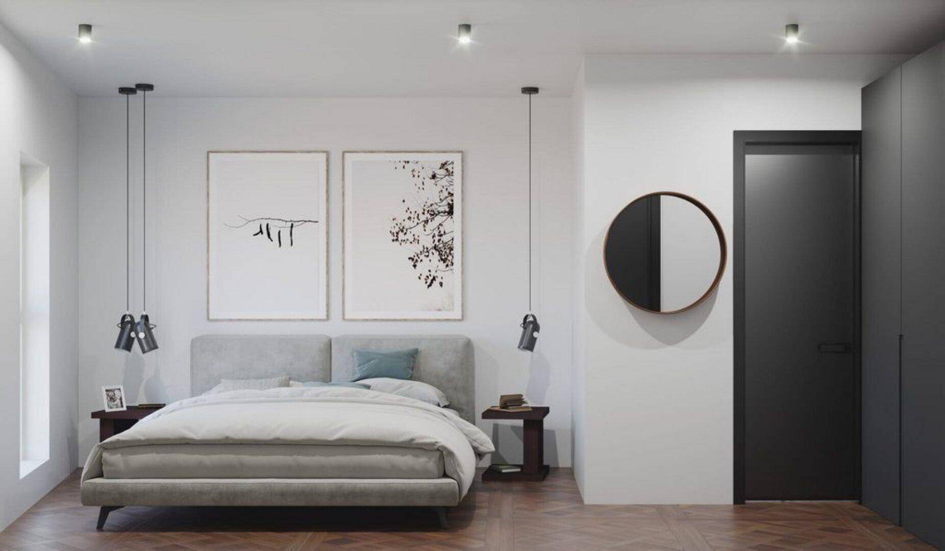 Helles Schlafzimmer mit modernem Bett, Holzboden und minimalistischer Wandgestaltung.