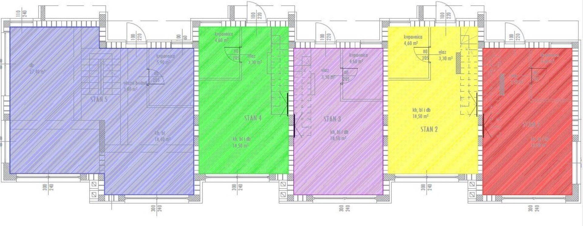 Übersichtlicher Grundrissplan mit farblich markierten Wohnungen und deren Anordnung.
