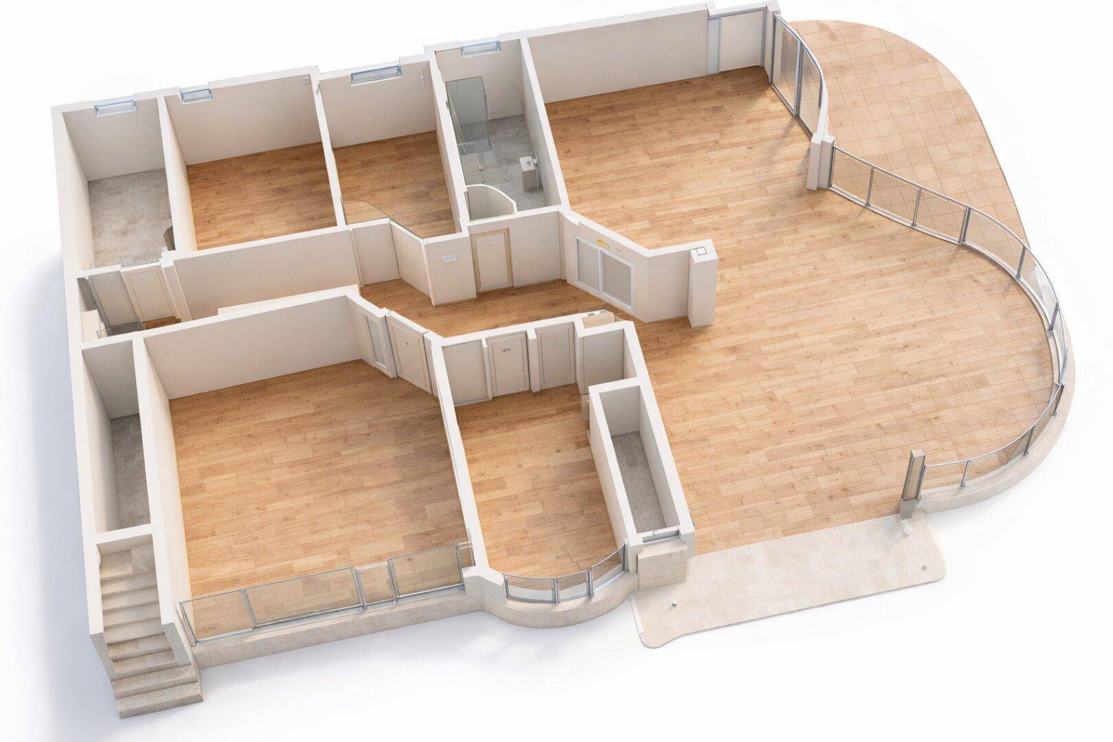 3D-Grundriss einer Wohnung mit mehreren Zimmern, Holzboden und einer großen, geschwungenen Terrasse.