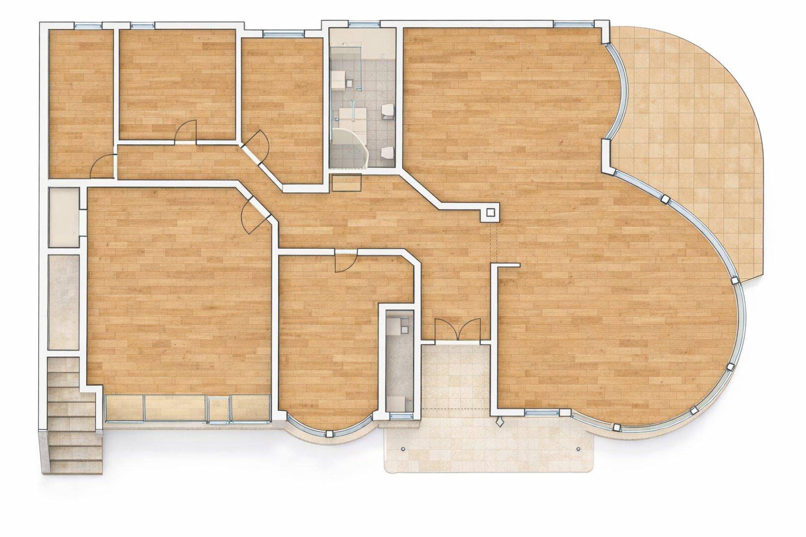 Detaillierter Grundriss einer Wohnung mit mehreren Räumen, Holzboden und einer großen, geschwungenen Terrasse.