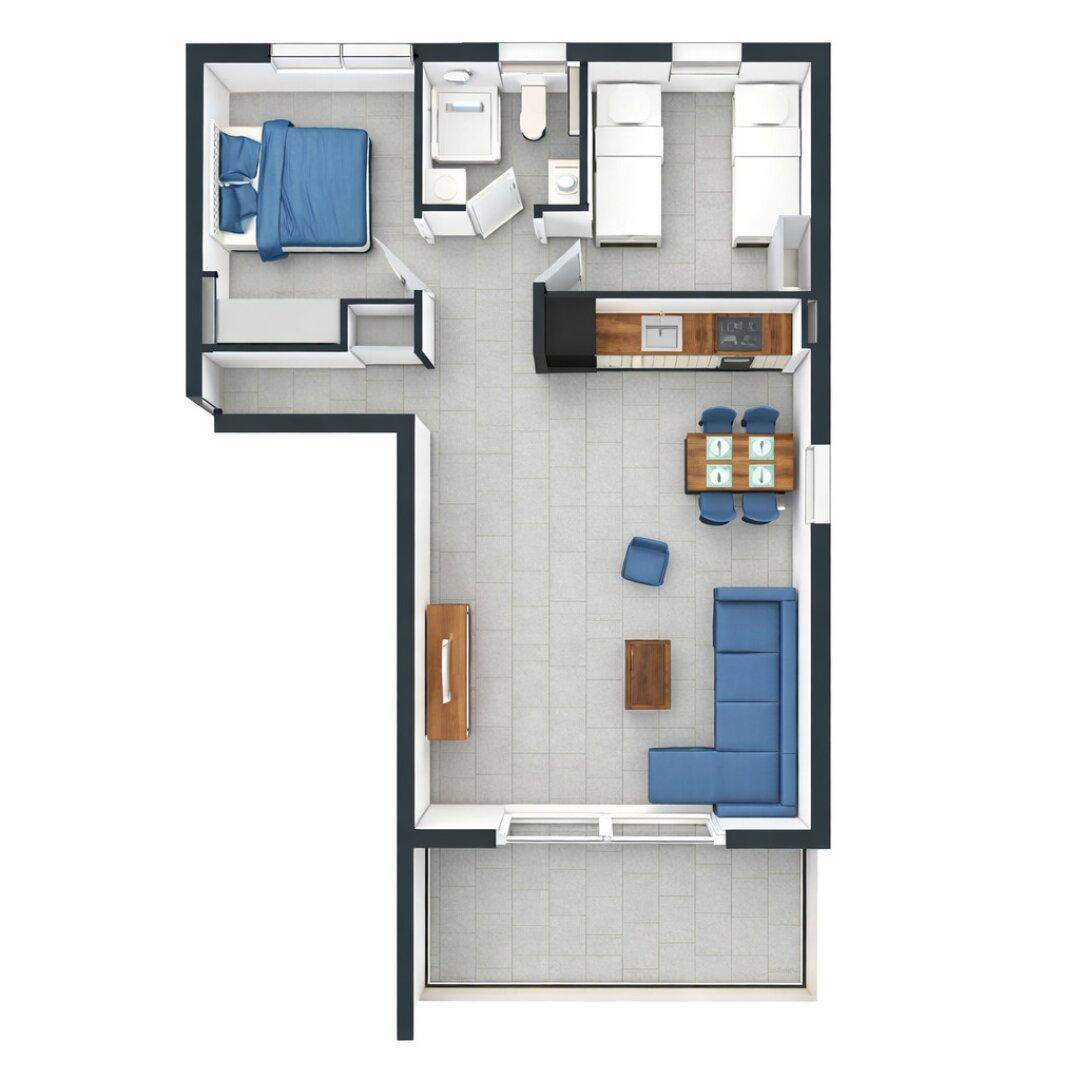 Detaillierter Grundriss einer Wohnung mit zwei Schlafzimmern und offenem Wohnbereich.