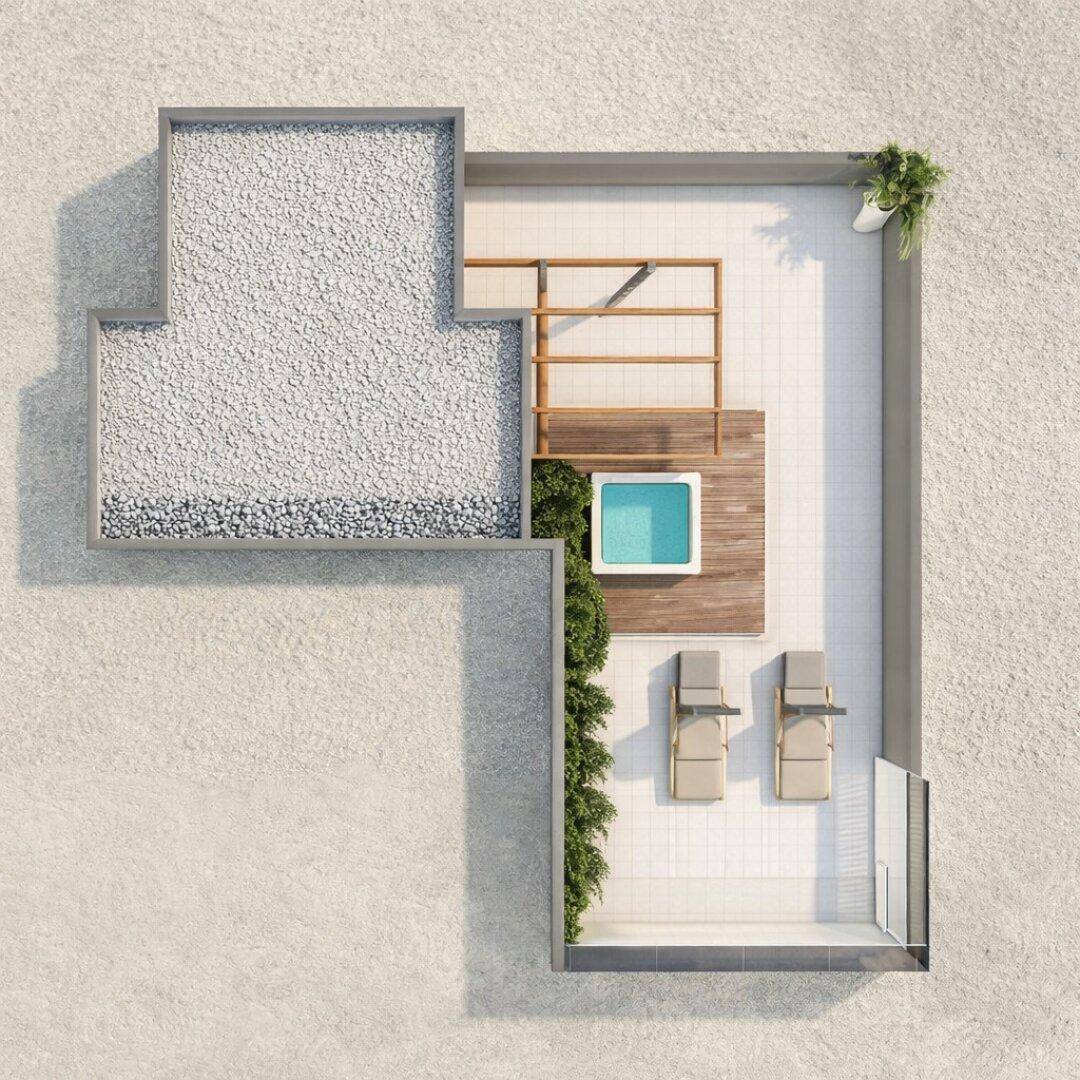 Grundriss einer Dachterrasse mit Whirlpool, Liegeflächen und Grünbereich für Entspannung.