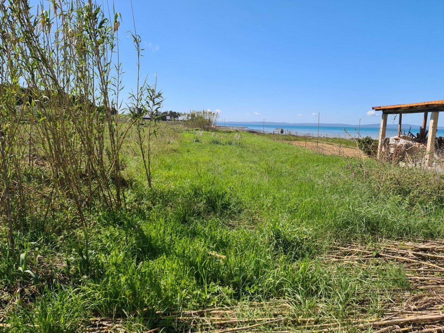 Weitläufiges grünes Grundstück mit Meerblick und einem kleinen Unterstand am Horizont.