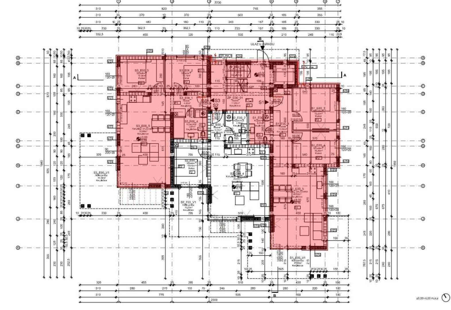Detaillierter Grundrissplan eines modernen Gebäudes mit mehreren Wohneinheiten, offenem Wohnbereich und Balkonen.