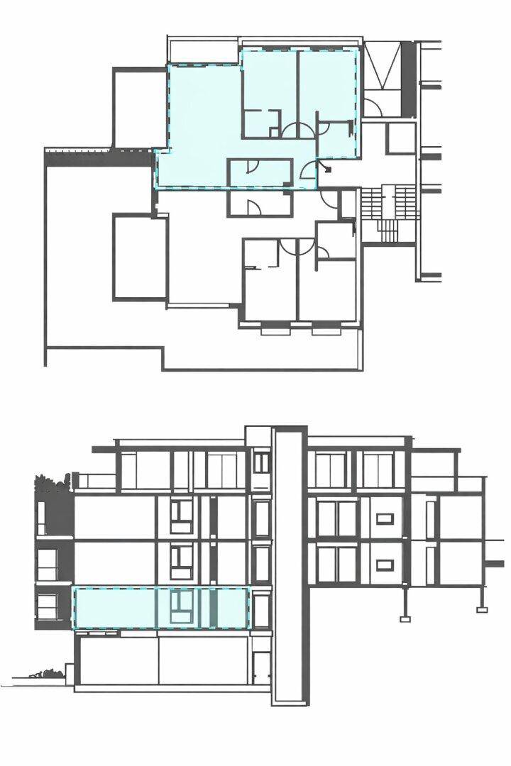 Architektonische Zeichnung mit Grundriss und Seitenansicht des Gebäudes.