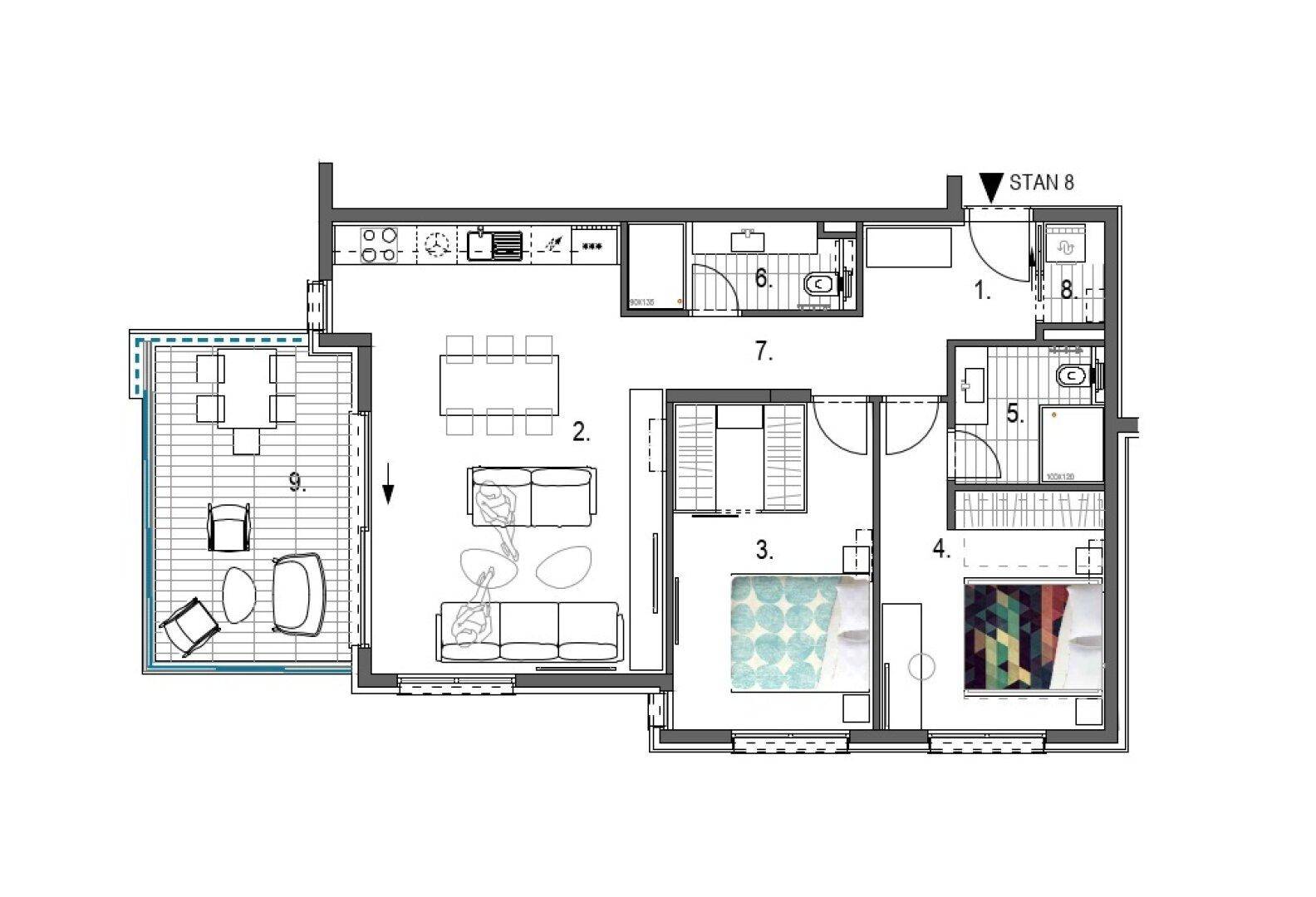 Grundriss einer Wohnung mit offenem Wohnbereich, zwei Schlafzimmern und großer Terrasse.