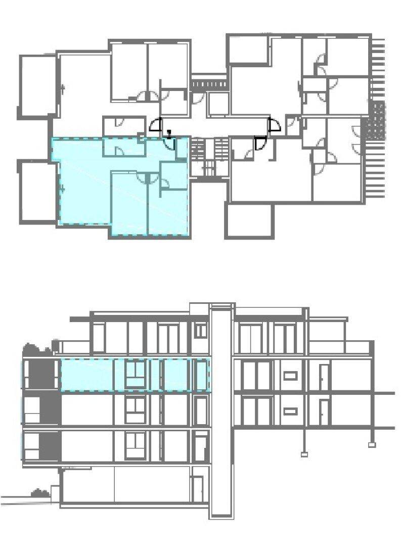 Architektonische Zeichnung mit Grundriss und Schnittansicht eines Gebäudeteils.