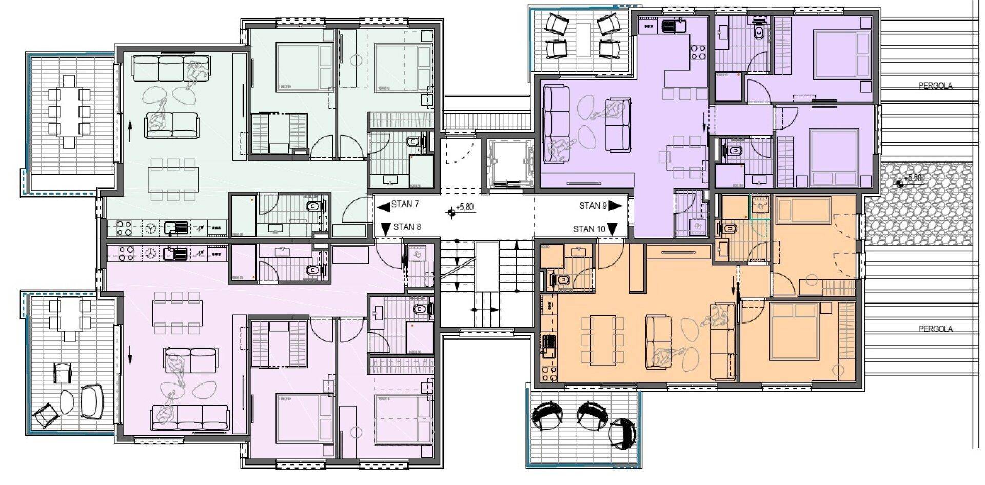 Übersichtsgrundriss mehrerer Wohneinheiten mit unterschiedlichen Layouts und Außenbereichen.