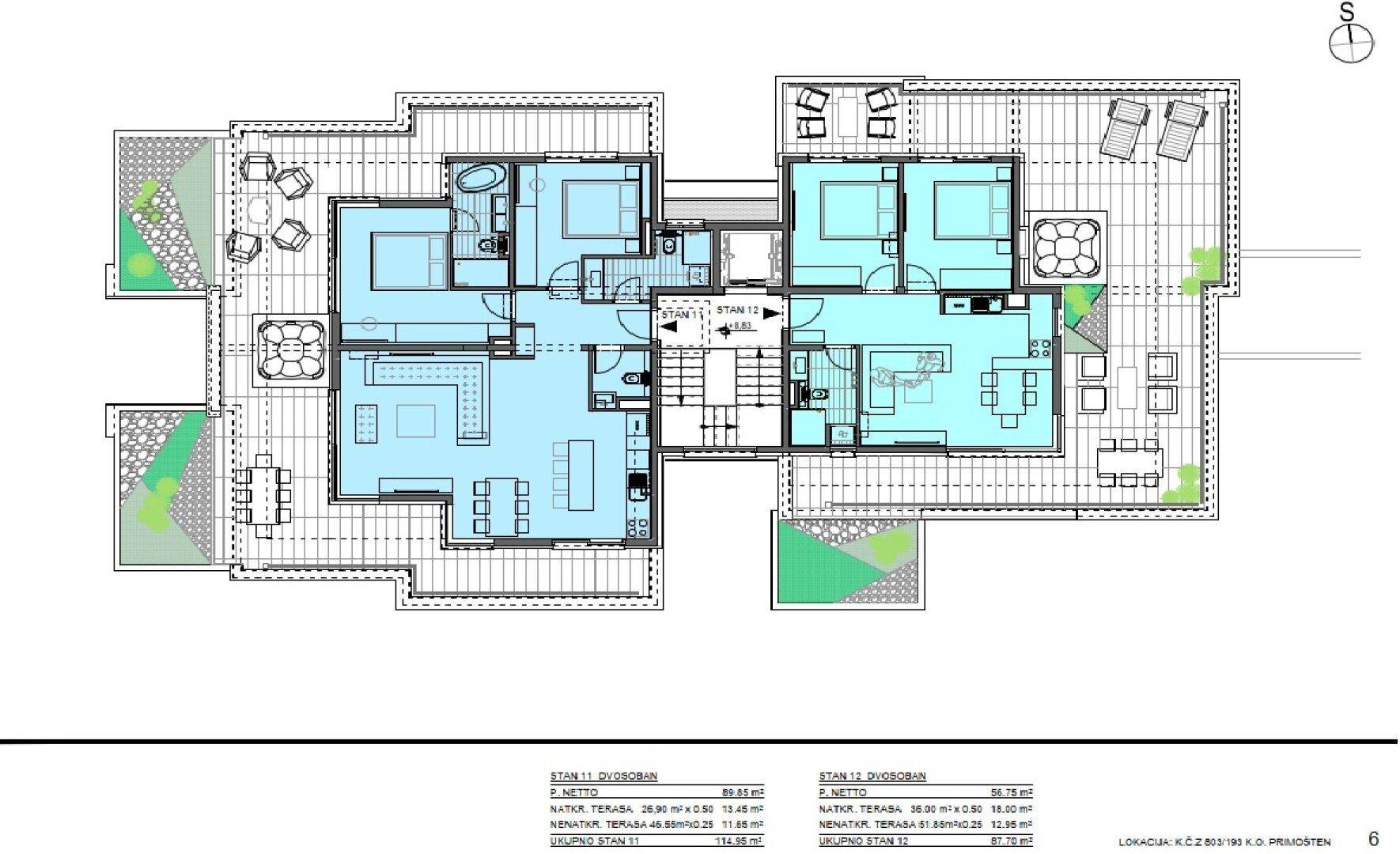 Grundriss von zwei Wohnungen mit Terrassen, Whirlpools und offen gestalteten Wohnbereichen.