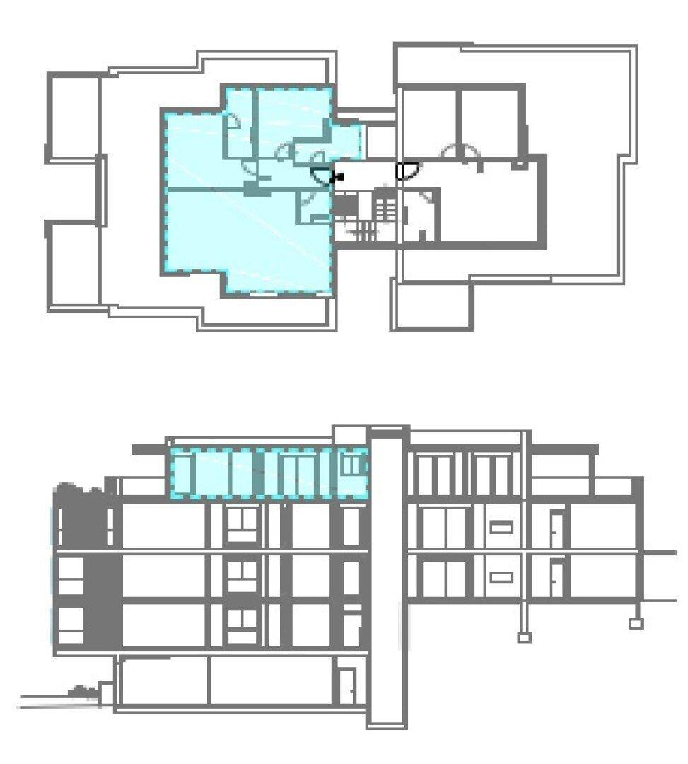 Grundriss und Gebäudeschnitt einer Wohnung mit mehreren Ebenen und großen Fensterfronten.