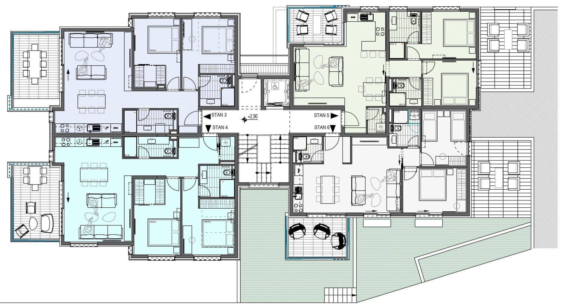 Gesamtgrundriss einer Etage mit mehreren Wohnungen, Terrassen und Balkonen.