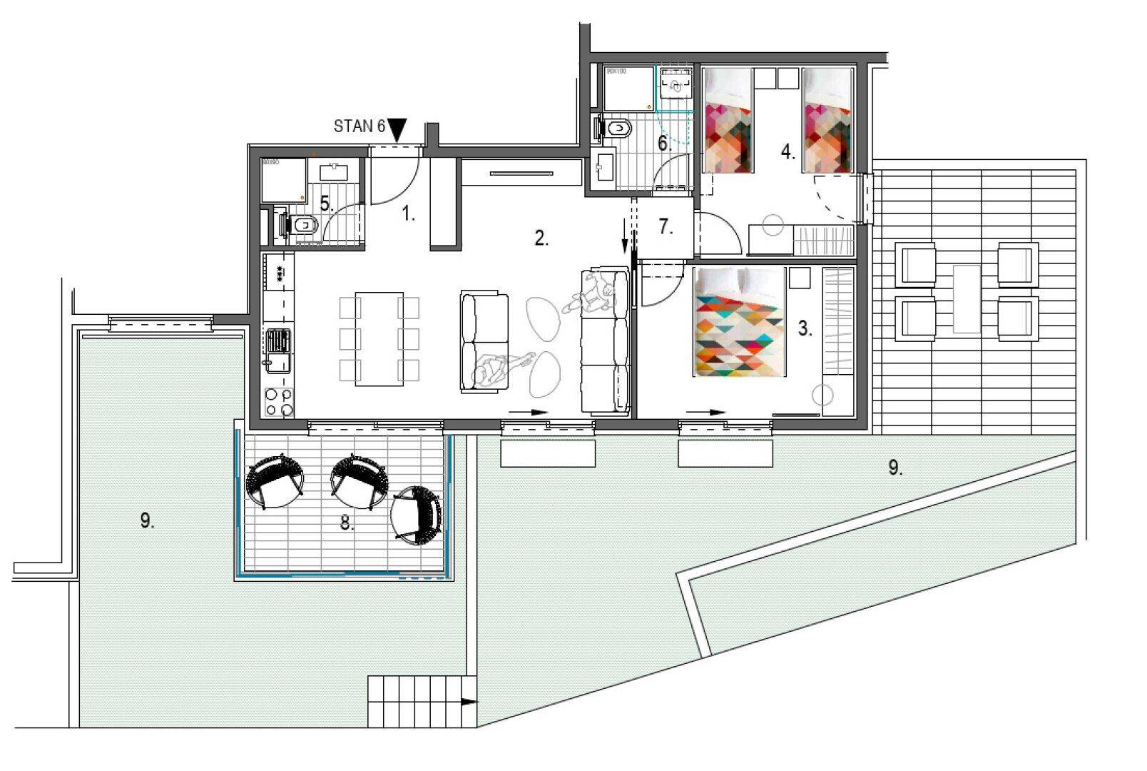 Grundriss einer Wohnung mit zwei Schlafzimmern, offenem Wohnbereich und großer Terrasse.