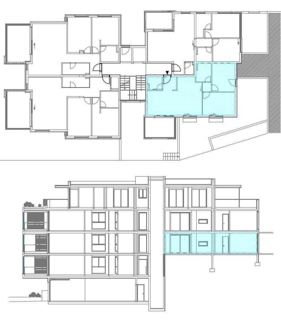 Grundriss und Schnittansicht eines Gebäudes mit hervorgehobenen Wohneinheiten und Balkonen.