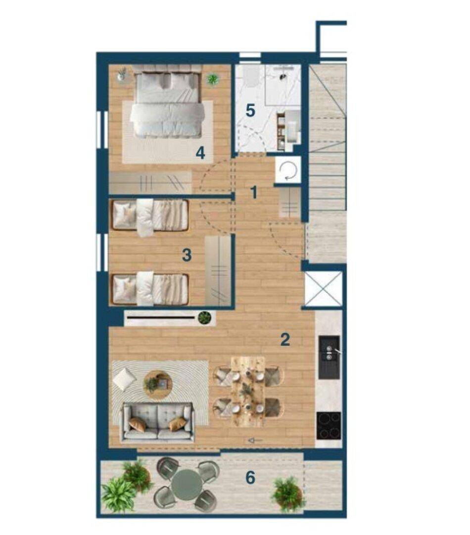 Grundriss einer Wohnung mit drei Schlafzimmern, offenem Wohnbereich und Balkon.
