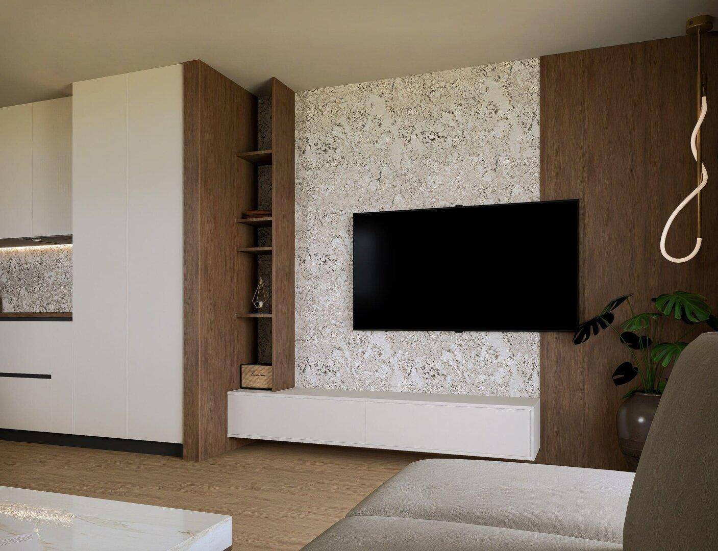 Moderner Wohnbereich mit Wandfernseher, Holzvertäfelung und dekorativer Tapete.