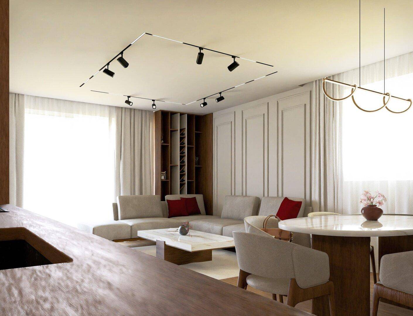 Modernes Wohn-Esszimmer mit heller Einrichtung, Holzboden und stilvoller Beleuchtung.
