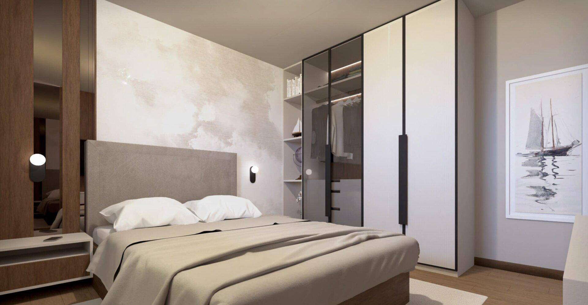 Modernes Schlafzimmer mit Doppelbett, Einbauschrank und stilvoller Wandgestaltung.