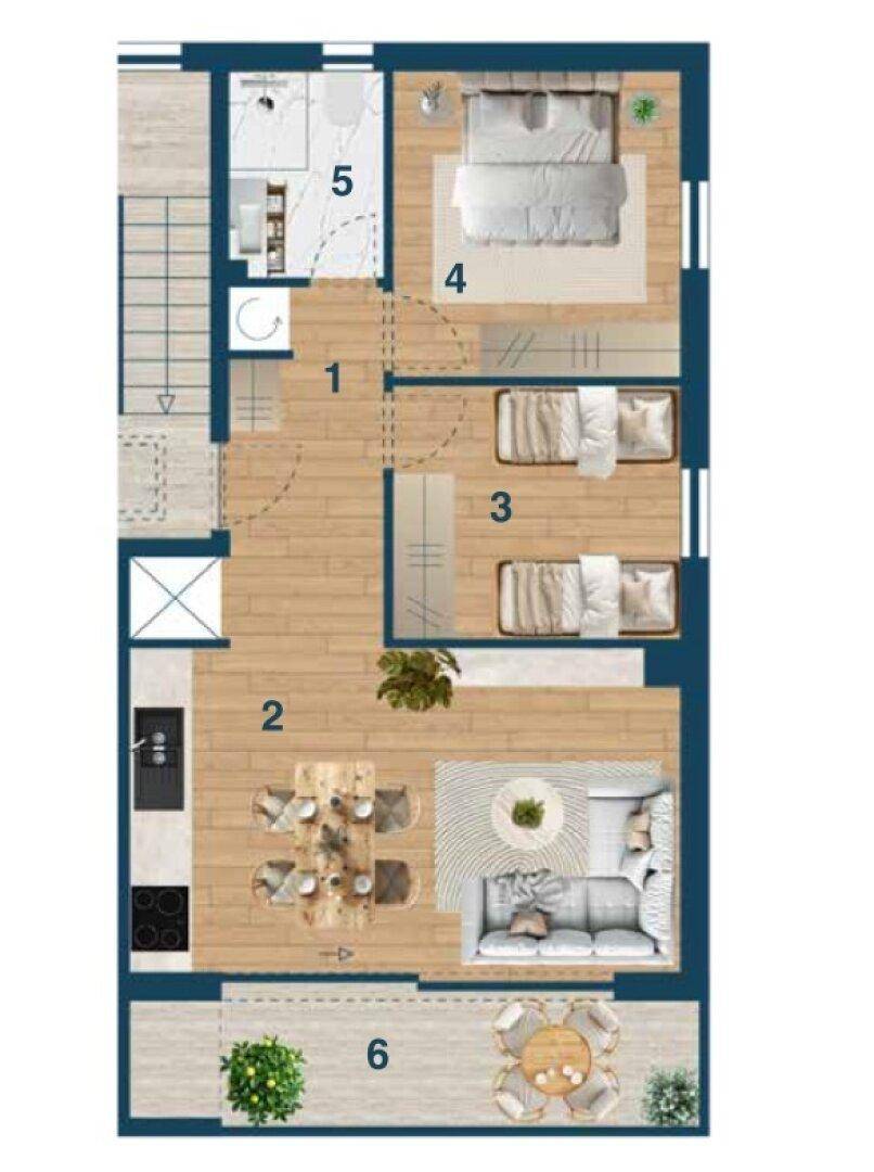 Grundriss einer Wohnung mit drei Schlafzimmern, offenem Wohnbereich und Balkon.