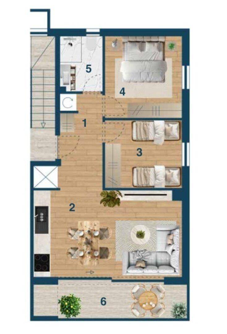 Grundriss einer Wohnung mit offenem Wohnbereich, drei Schlafzimmern und Terrasse.